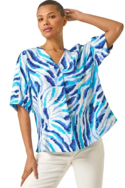 Tops>Roman Blue Animal Print Pleated Tunic Top