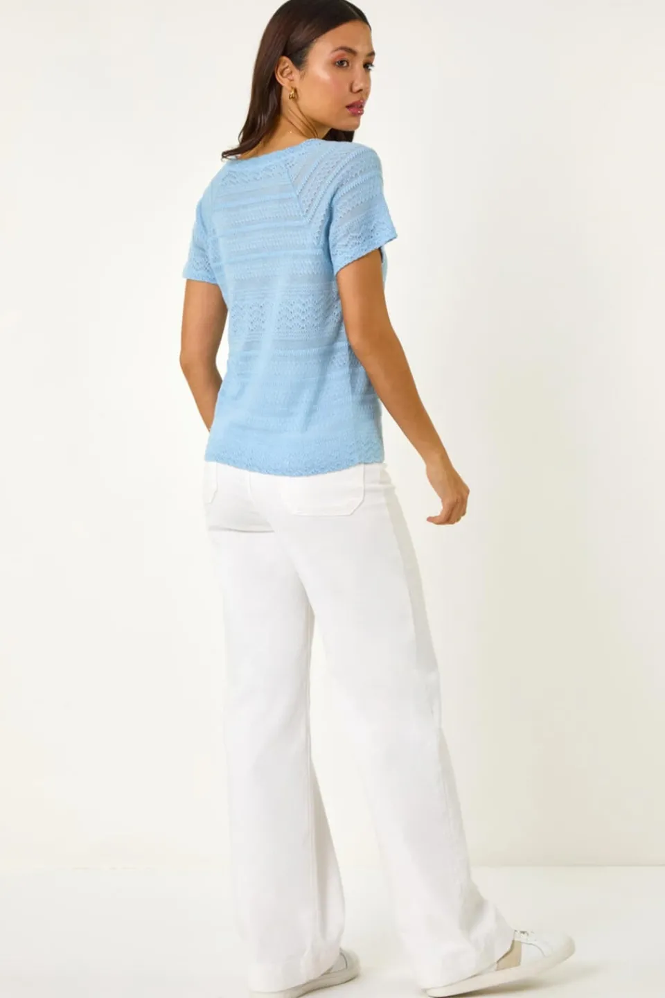 Knitwear>Roman Blue Crochet Knit Top