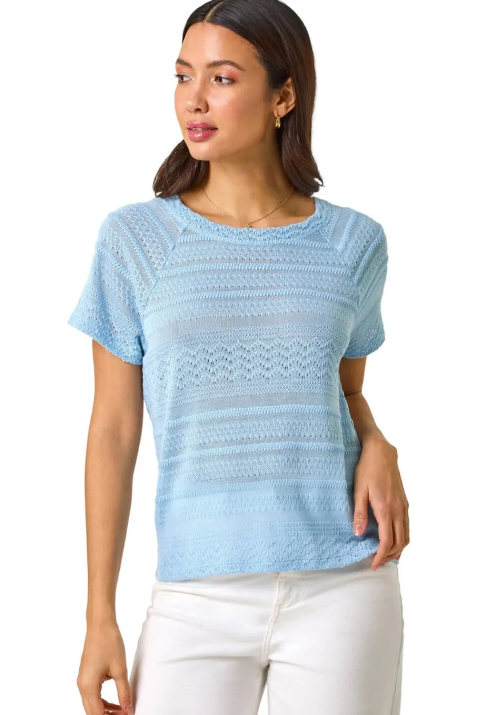Knitwear>Roman Blue Crochet Knit Top