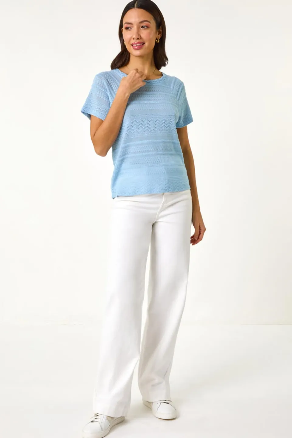 Knitwear>Roman Blue Crochet Knit Top