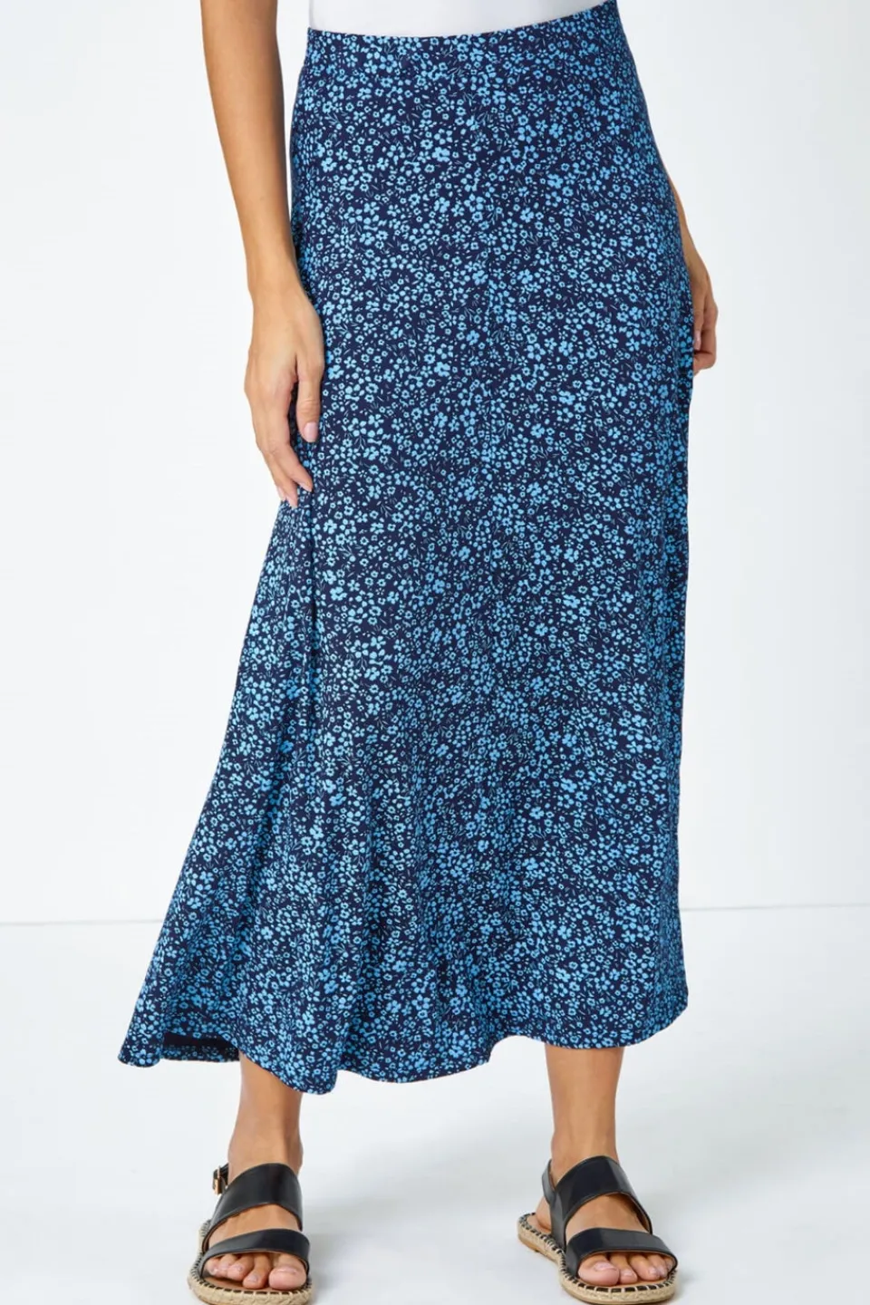 Skirts>Roman Blue Ditsy Floral Elastic Waist A Line Midi Skirt