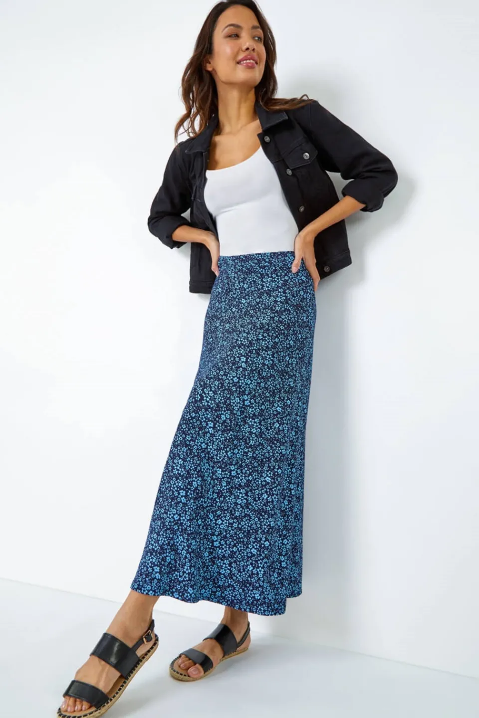 Skirts>Roman Blue Ditsy Floral Elastic Waist A Line Midi Skirt