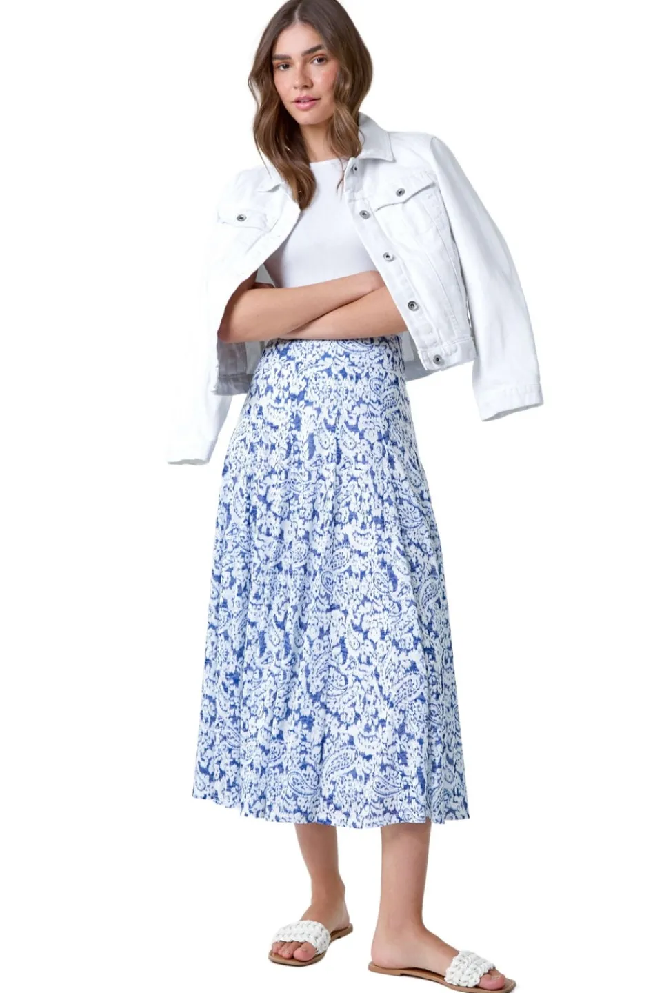 Skirts>Roman Blue Elastic Waist Paisley A Line Midi Skirt