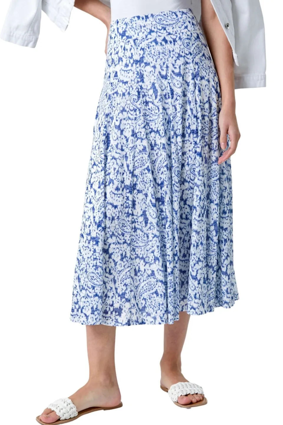 Skirts>Roman Blue Elastic Waist Paisley A Line Midi Skirt