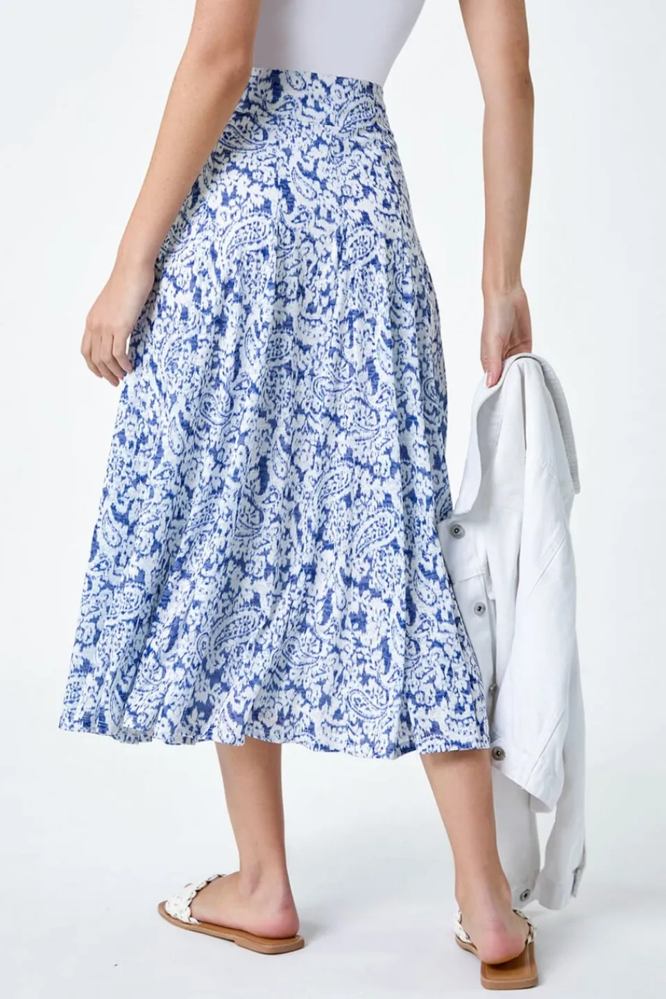 Skirts>Roman Blue Elastic Waist Paisley A Line Midi Skirt