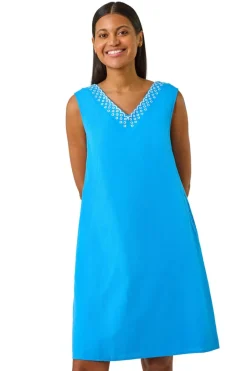 Dresses>Roman Blue Embroidered X Back Short Dress