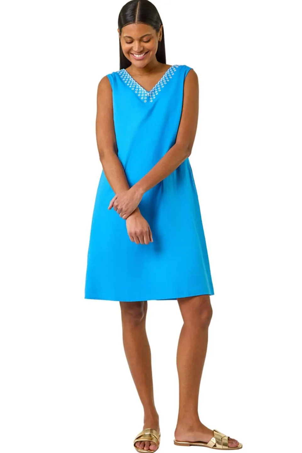 Dresses>Roman Blue Embroidered X Back Short Dress