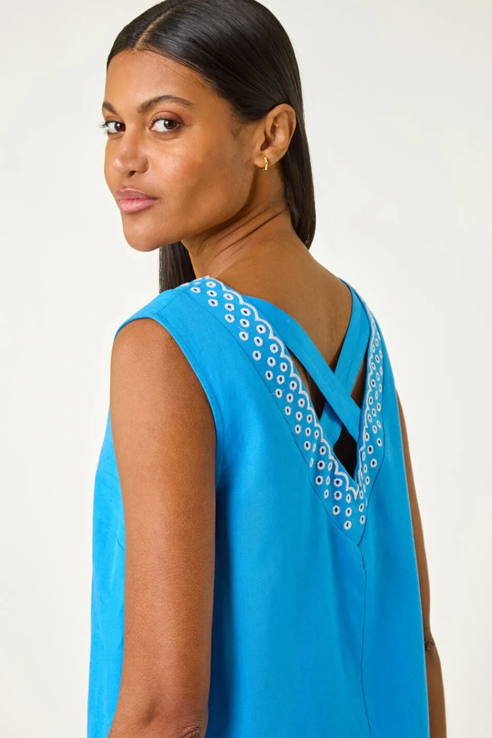 Dresses>Roman Blue Embroidered X Back Short Dress