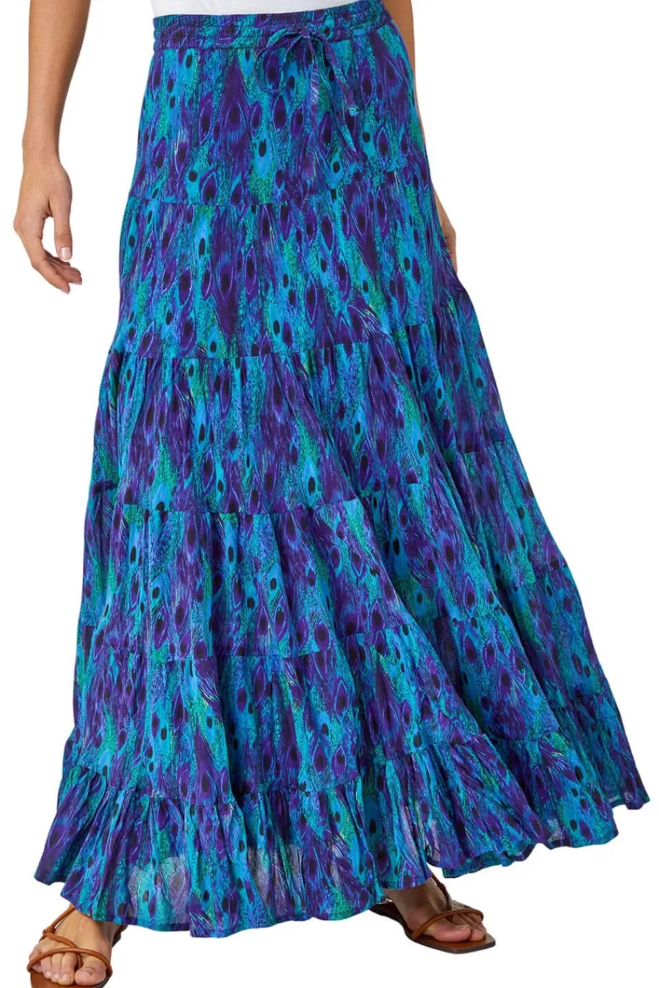 Skirts>Roman Blue Feather Print Tiered Cotton Maxi Skirt