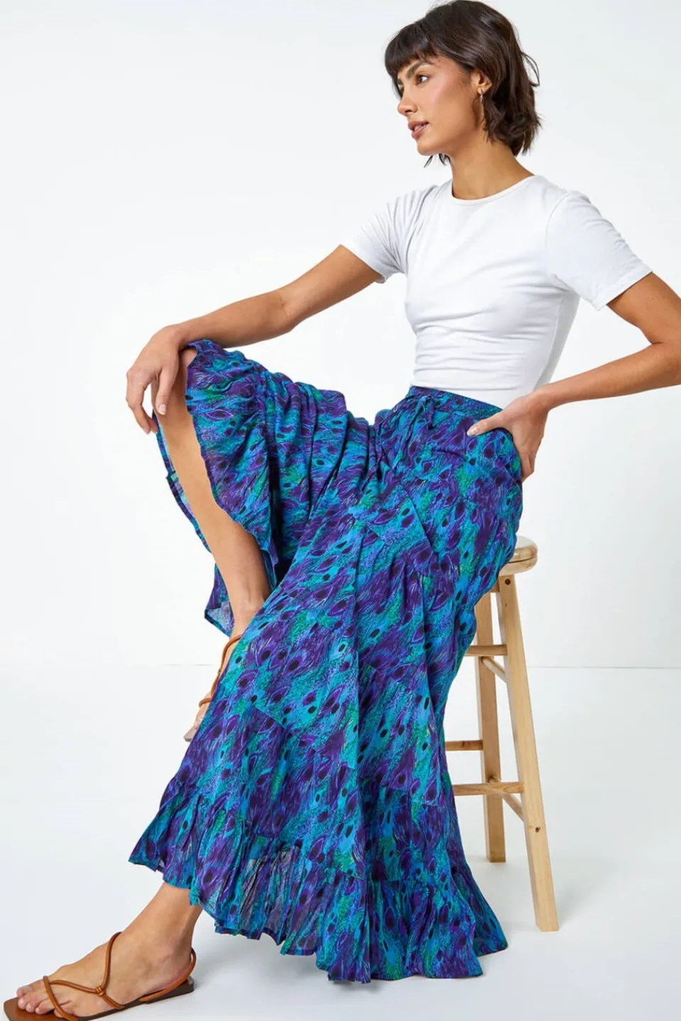 Skirts>Roman Blue Feather Print Tiered Cotton Maxi Skirt