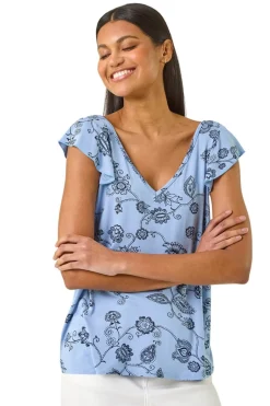 Tops>Roman Blue Floral Frill Shoulder Vest Top