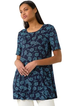 Tops>Roman Blue Floral Hanky Hem Pocket Tunic Top
