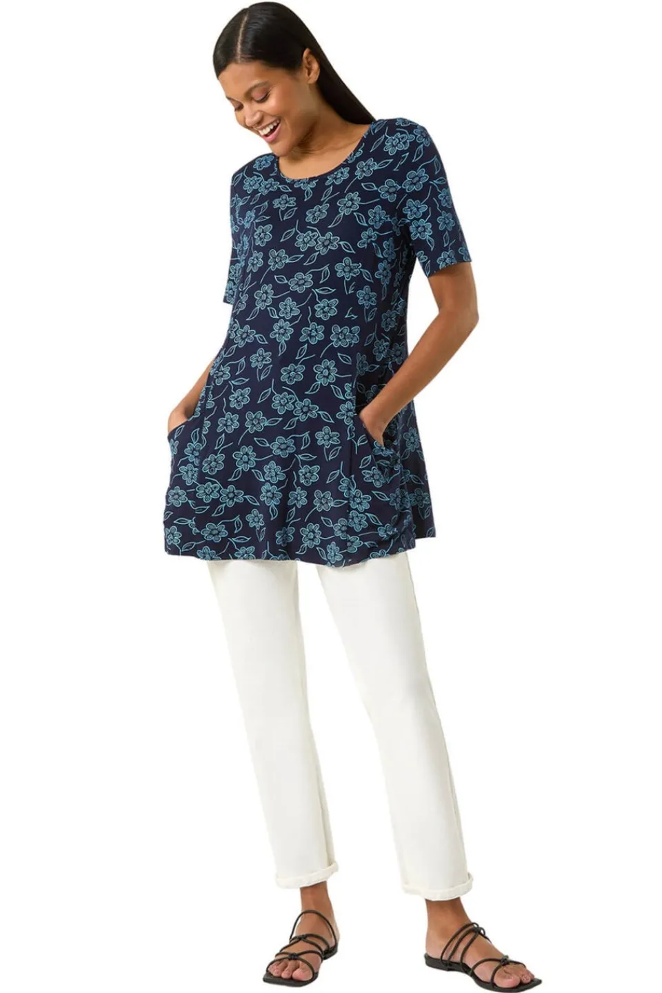 Tops>Roman Blue Floral Hanky Hem Pocket Tunic Top