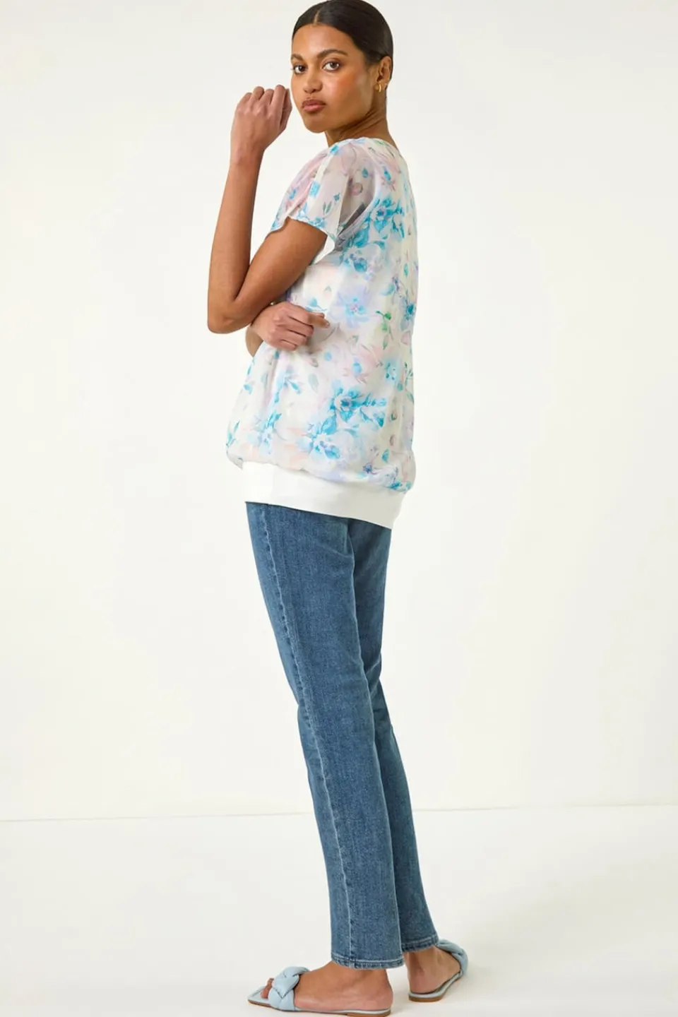 Tops>Roman Blue Floral Print Bubble Hem Top