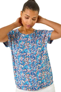 T-Shirts>Roman Blue Floral Print Elasticated Hem Top