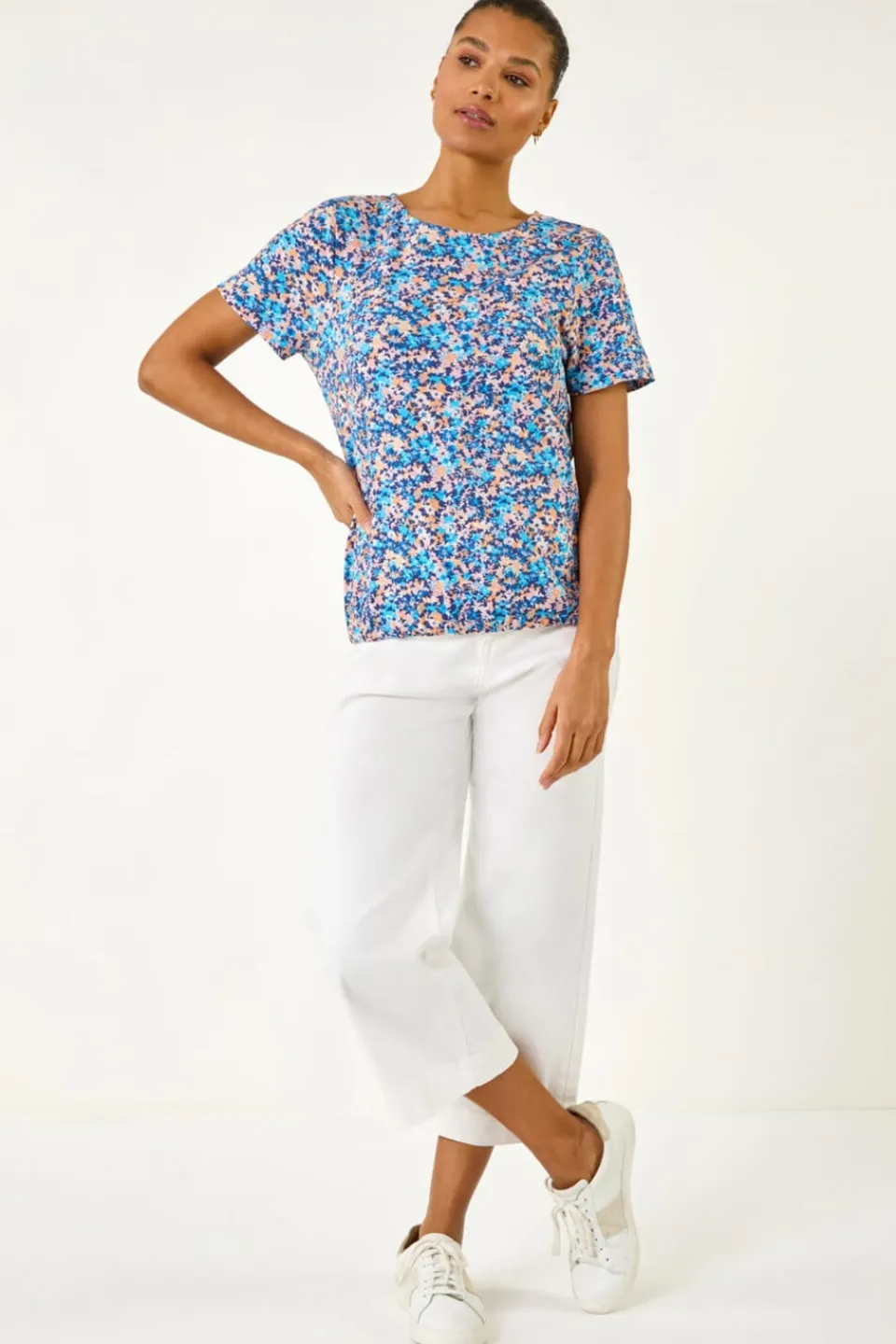 T-Shirts>Roman Blue Floral Print Elasticated Hem Top