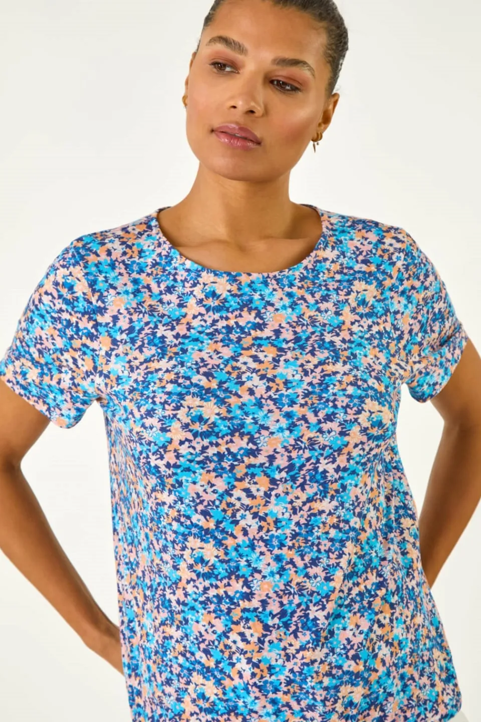 T-Shirts>Roman Blue Floral Print Elasticated Hem Top