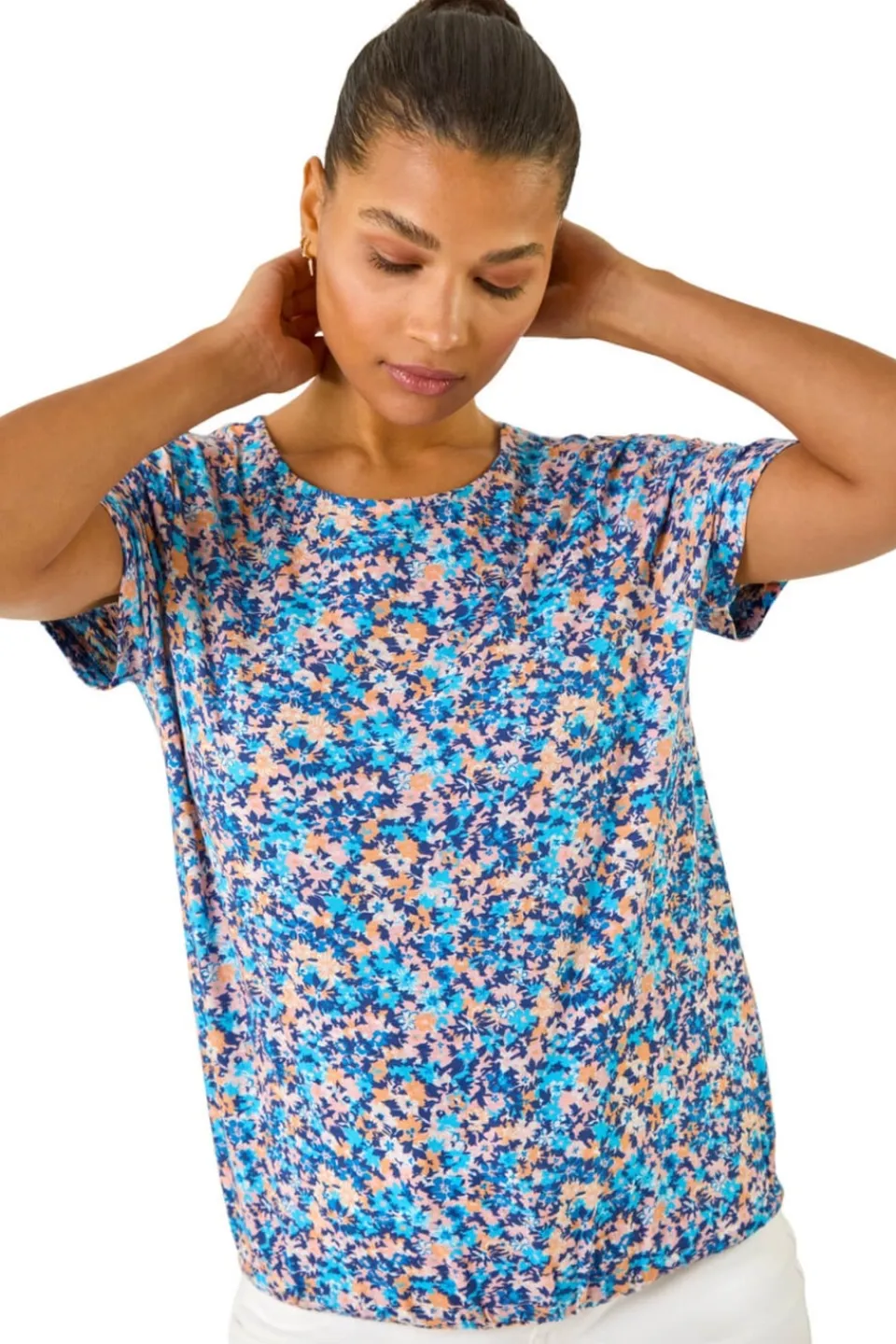 T-Shirts>Roman Blue Floral Print Elasticated Hem Top