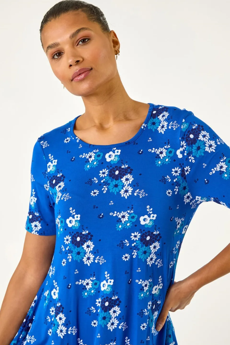 Tops>Roman Blue Floral Print Hanky Hem Tunic Top