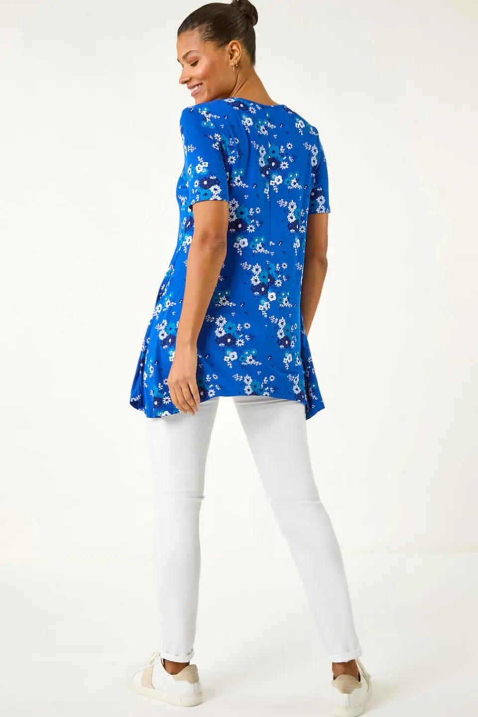 Tops>Roman Blue Floral Print Hanky Hem Tunic Top