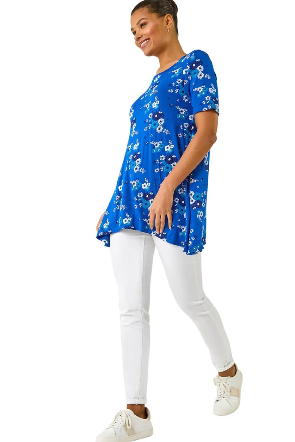Tops>Roman Blue Floral Print Hanky Hem Tunic Top