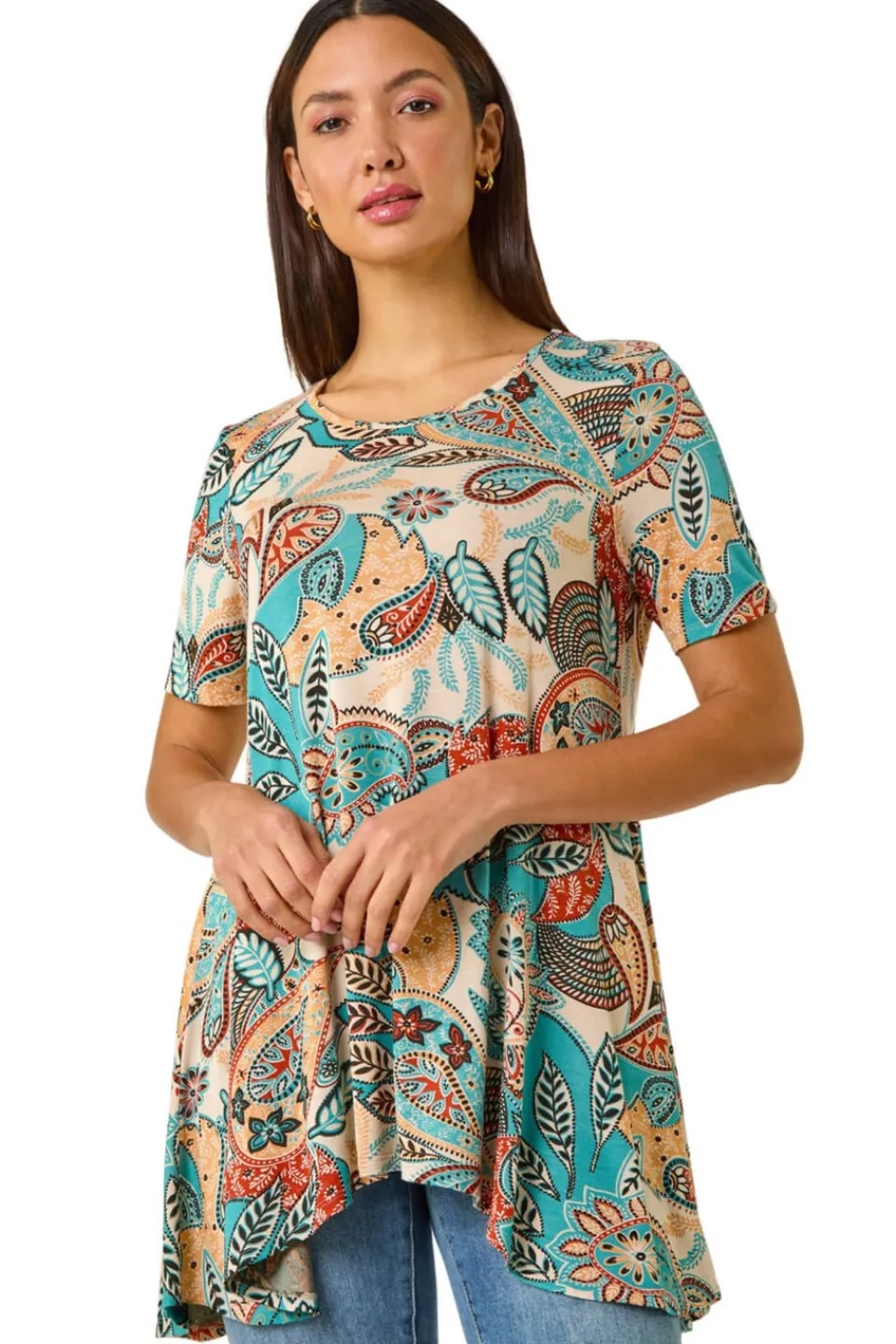 Tops>Roman Blue Floral Print Hanky Hem Tunic Top