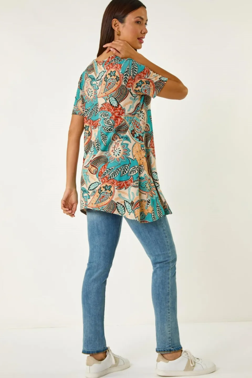 Tops>Roman Blue Floral Print Hanky Hem Tunic Top