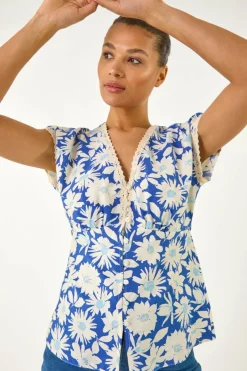 Tops>Roman Blue Floral Print Lace Trim Top