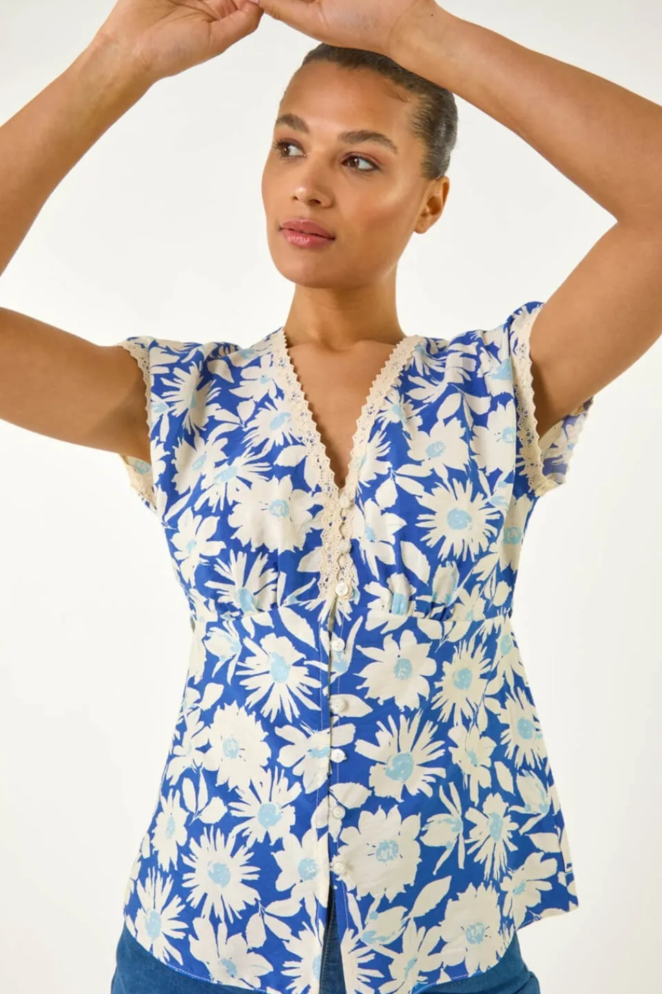 Tops>Roman Blue Floral Print Lace Trim Top