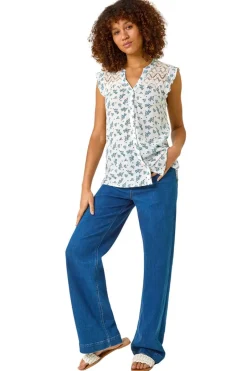 Tops>Roman Blue Floral Print Lace Yoke Blouse