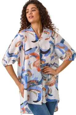 Tops>Roman Blue Floral Print Longline Overshirt