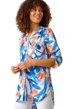 Blouses & Shirts>Roman Blue Floral Print Longline Blouse