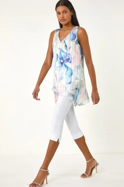 Tops>Roman Blue Floral Print Layered Tunic Top
