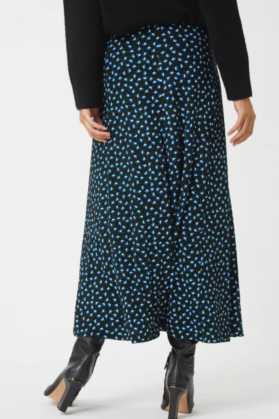 Skirts>Roman Blue Floral Print Midi Stretch Skirt