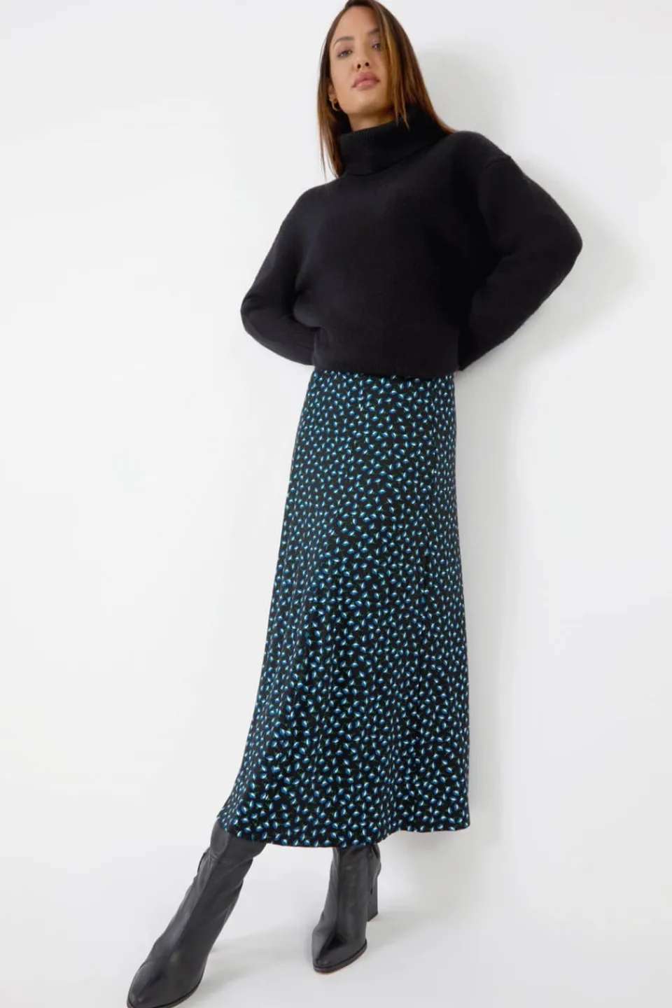 Skirts>Roman Blue Floral Print Midi Stretch Skirt
