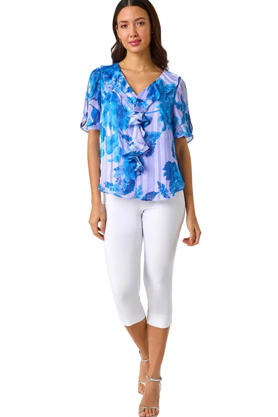 Blouses & Shirts>Roman Blue Floral Print Ruffle Top