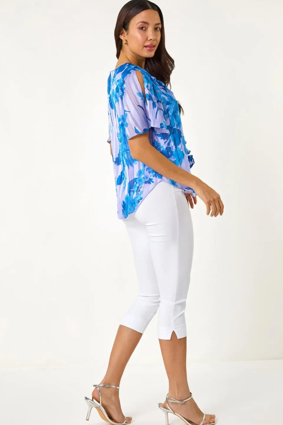 Blouses & Shirts>Roman Blue Floral Print Ruffle Top