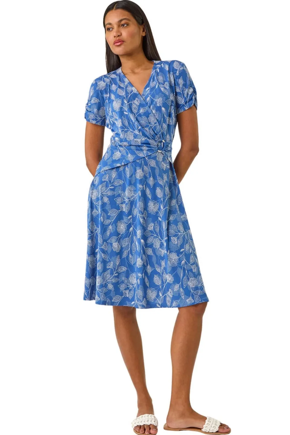 Dresses>Roman Blue Floral Print Ring Detail Midi Dress BlueFloral