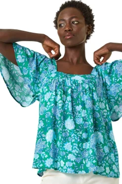 Tops>Roman Blue Floral Print Square Neck Top