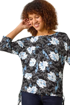 Tops>Roman Blue Floral Print Side Tie Stretch Top