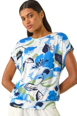 T-Shirts>Roman Blue Floral Print Short Sleeve Top
