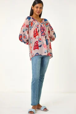 Tops>Roman Blue Floral Print Tie Front Top