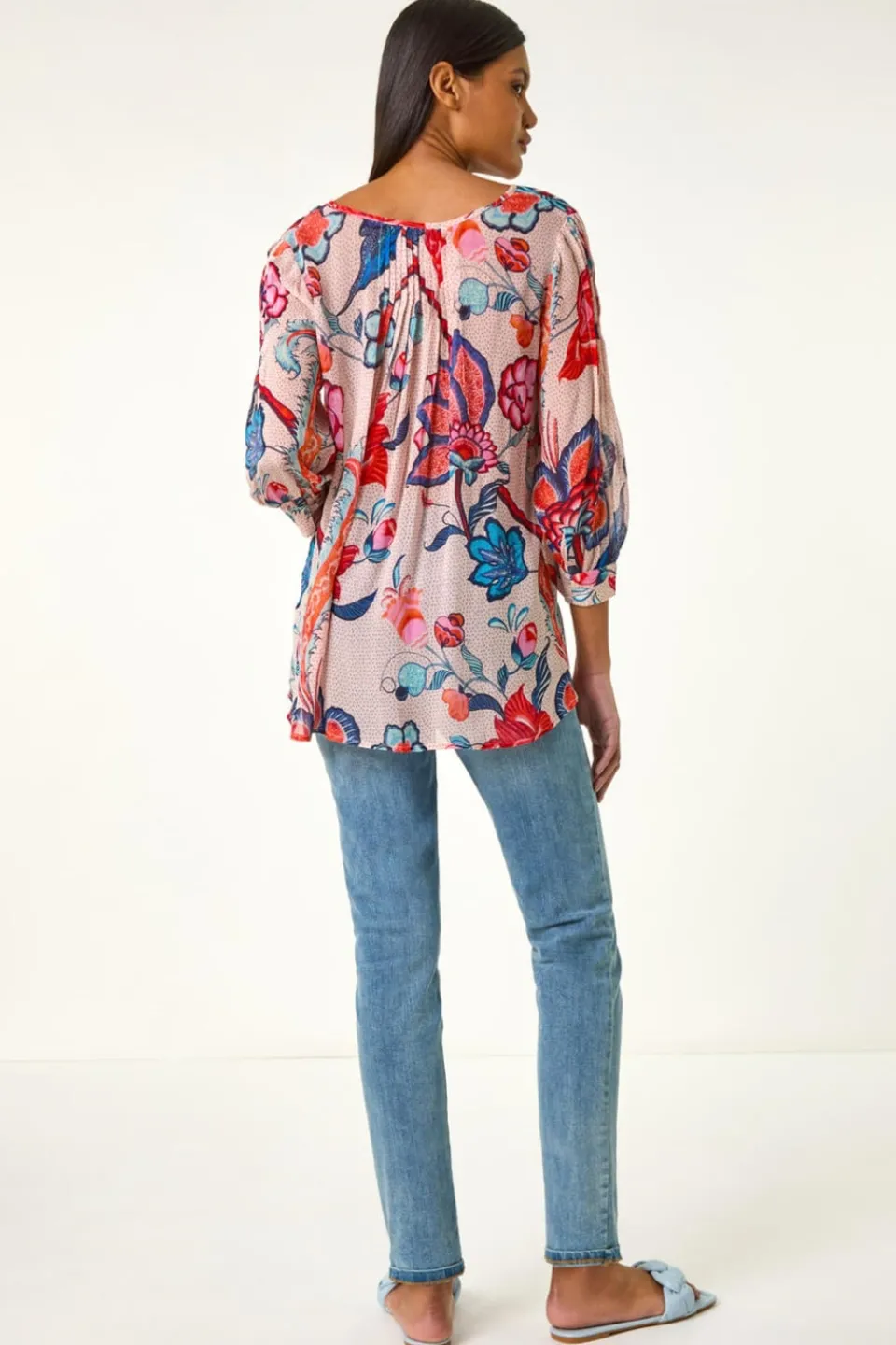 Tops>Roman Blue Floral Print Tie Front Top