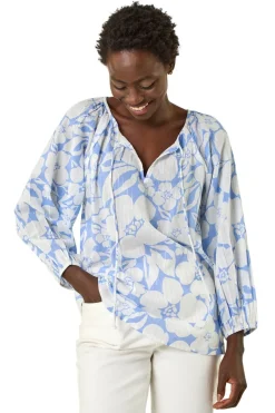 Tops>Roman Blue Floral Print Tie Neck Tunic Top