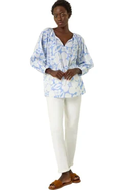 Tops>Roman Blue Floral Print Tie Neck Tunic Top