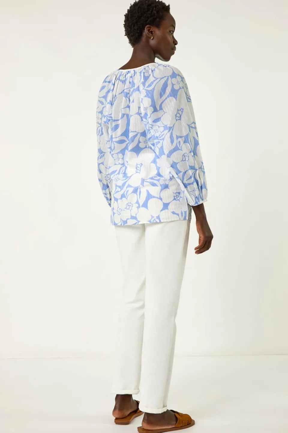 Tops>Roman Blue Floral Print Tie Neck Tunic Top