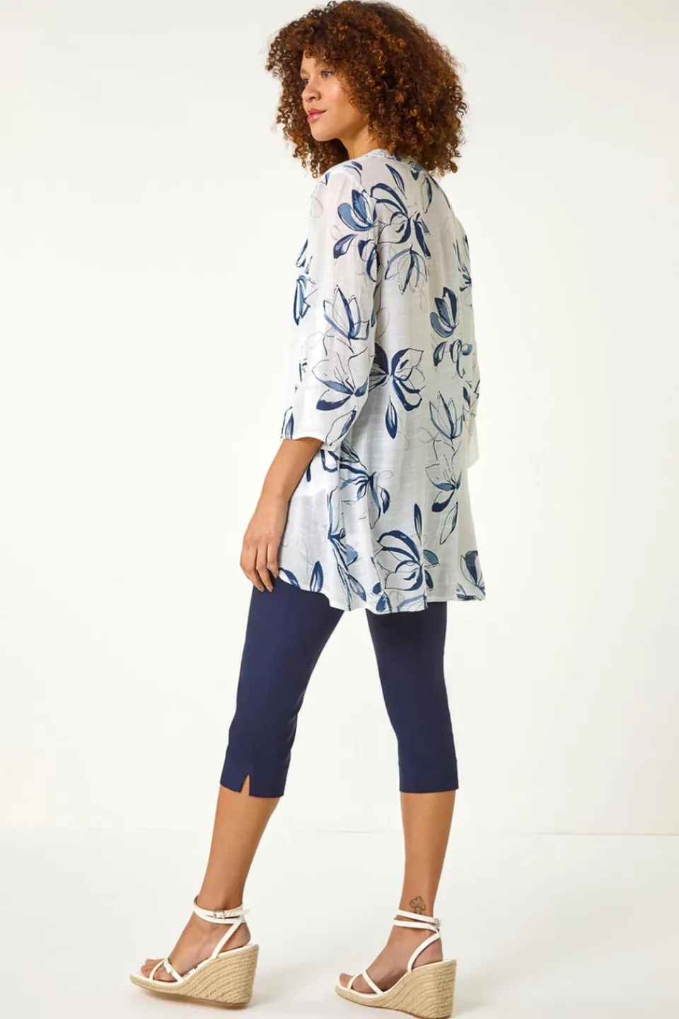 Tops>Roman Floral Print Wrapped Hem Top Blue
