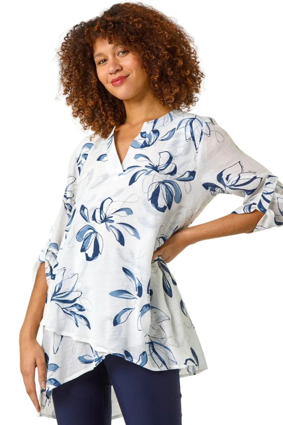Tops>Roman Floral Print Wrapped Hem Top Blue