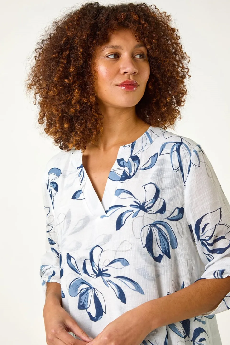 Tops>Roman Floral Print Wrapped Hem Top Blue