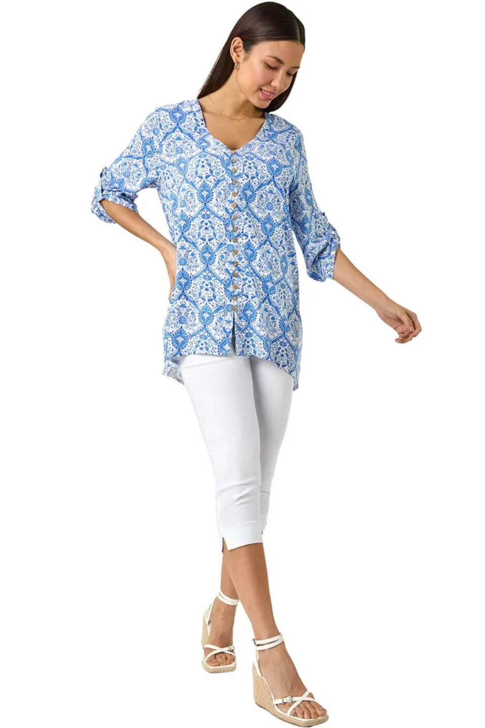 Tops>Roman Blue Floral Printed Button Detail Top